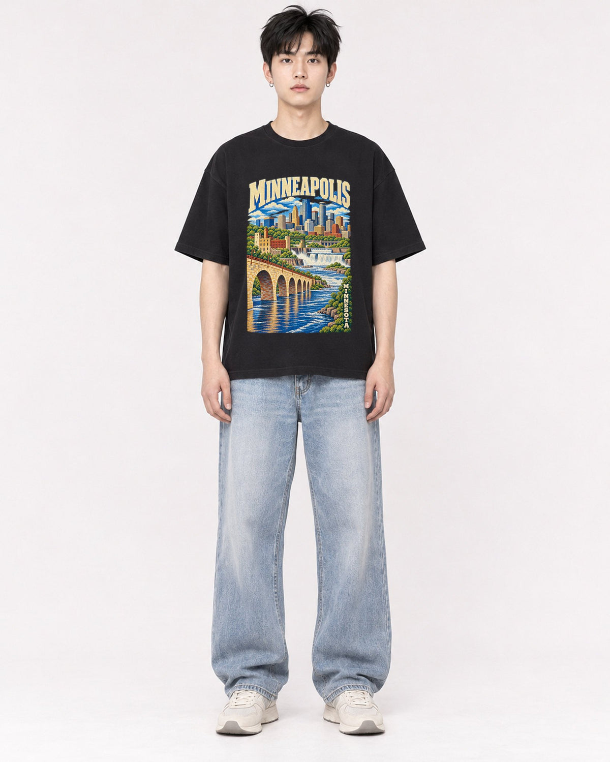 Mockup Boxy Heavyweight Tee Black male full-body 01