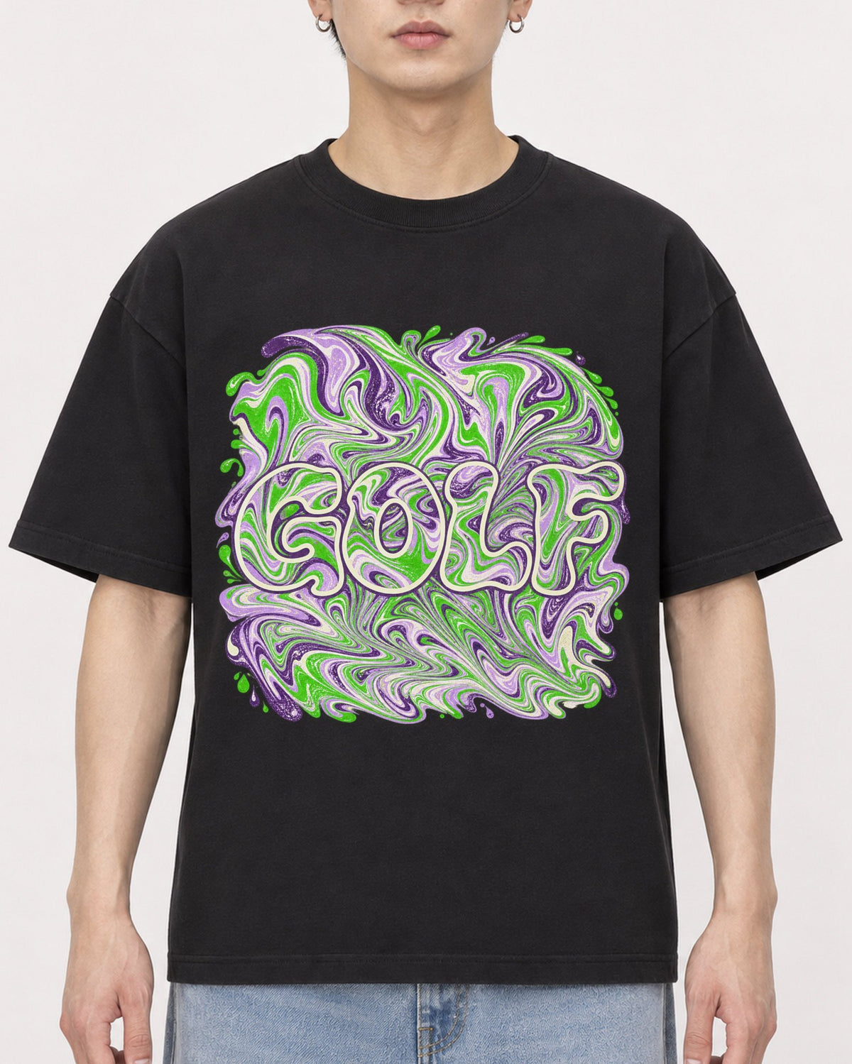 Mockup Boxy Heavyweight Tee Black male close-up 01