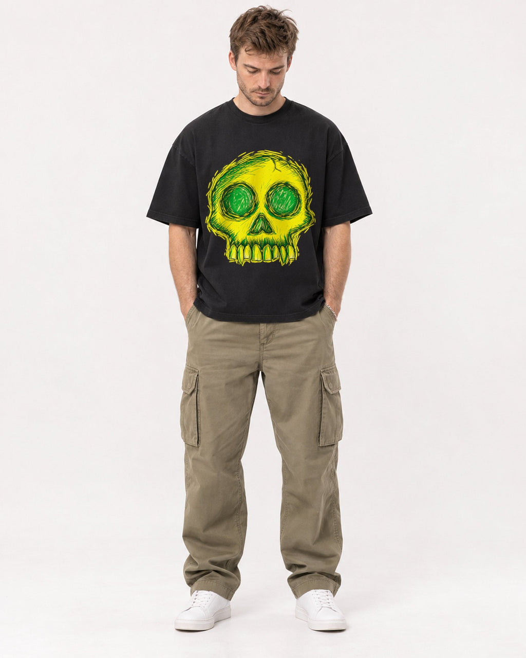 Mockup Boxy Heavyweight Tee Black male full-body 08