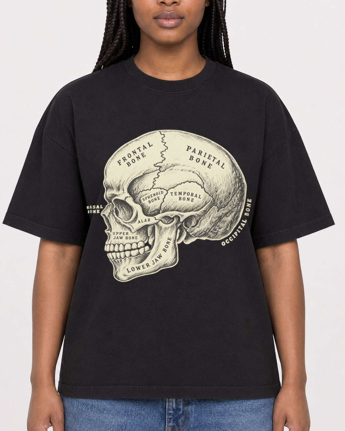 Mockup Boxy Heavyweight Tee Black female close-up 04