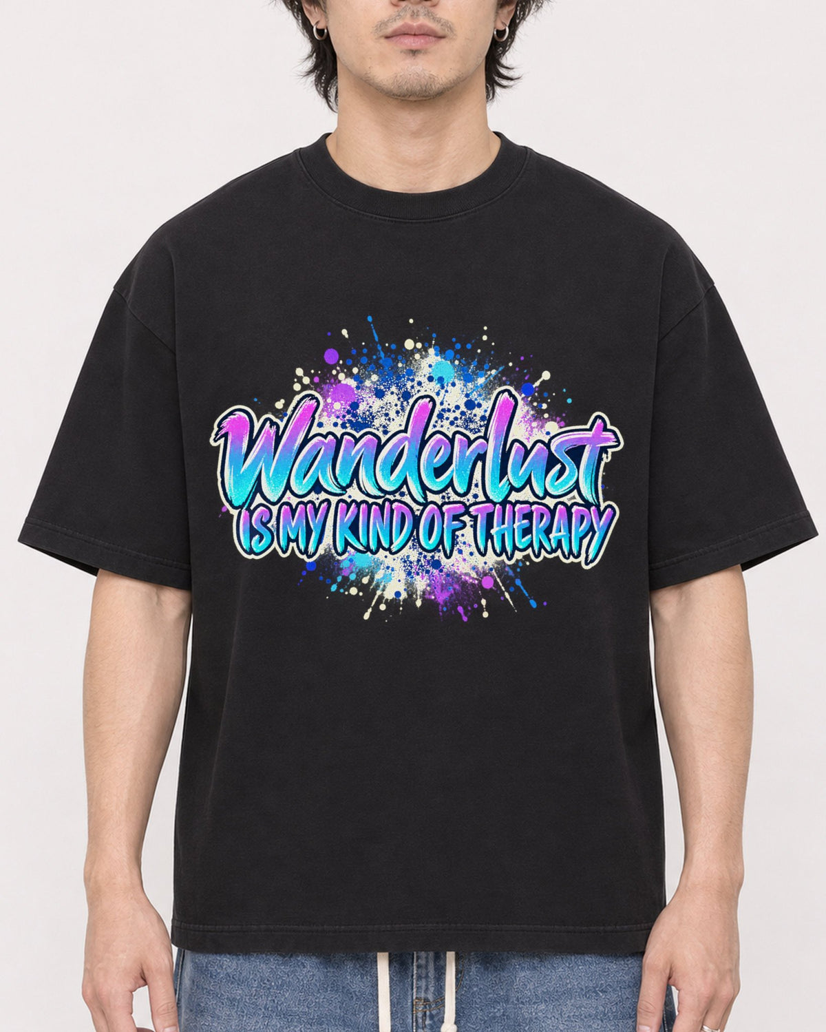 Mockup Boxy Heavyweight Tee Black male close-up 03