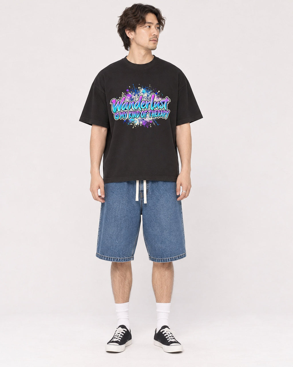 Mockup Boxy Heavyweight Tee Black male full-body 03