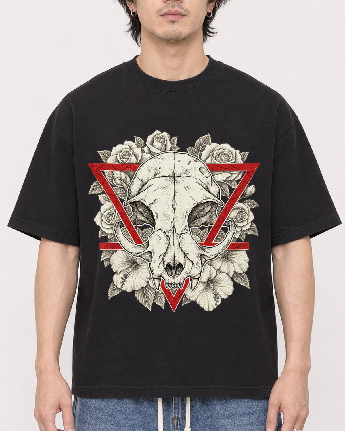 Mockup Boxy Heavyweight Tee Black male close-up 03