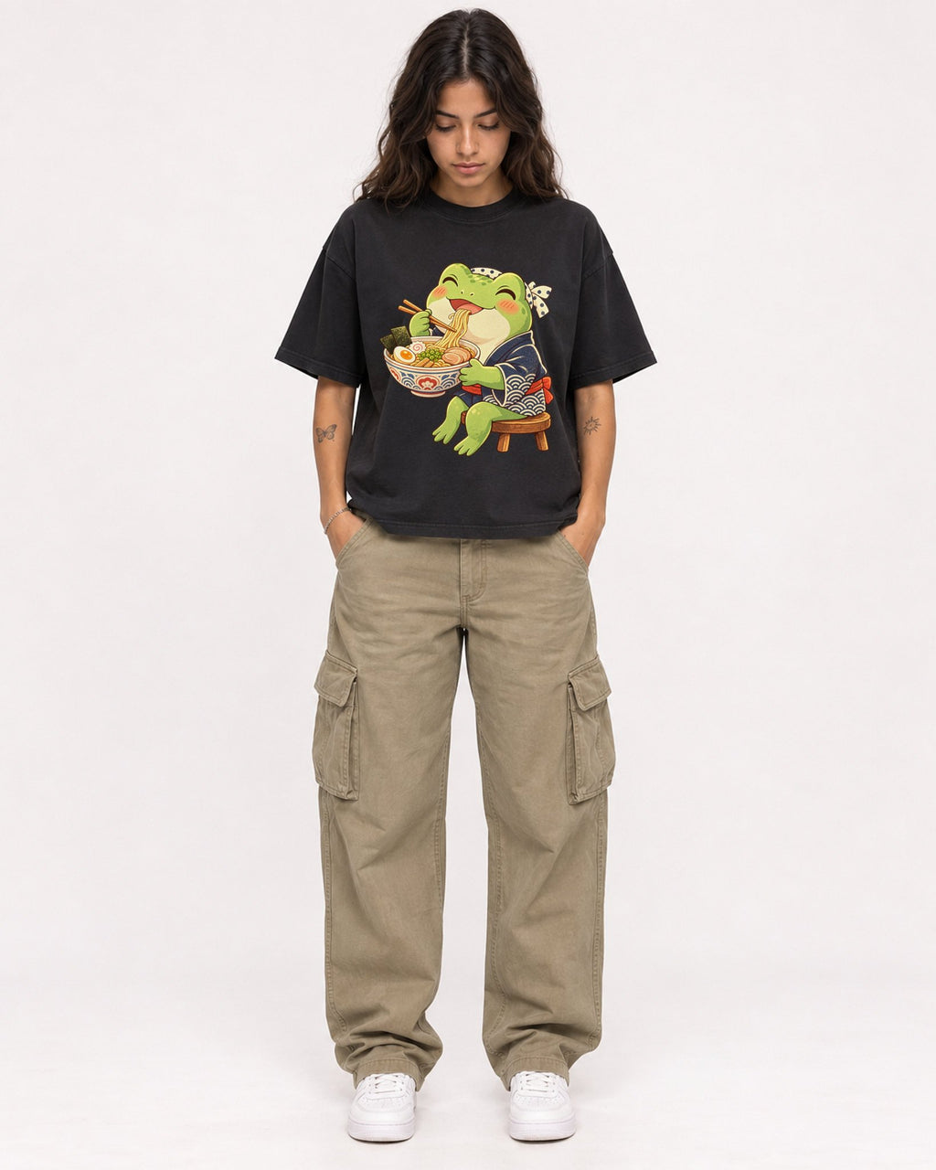 Mockup Boxy Heavyweight Tee Black female full-body 06