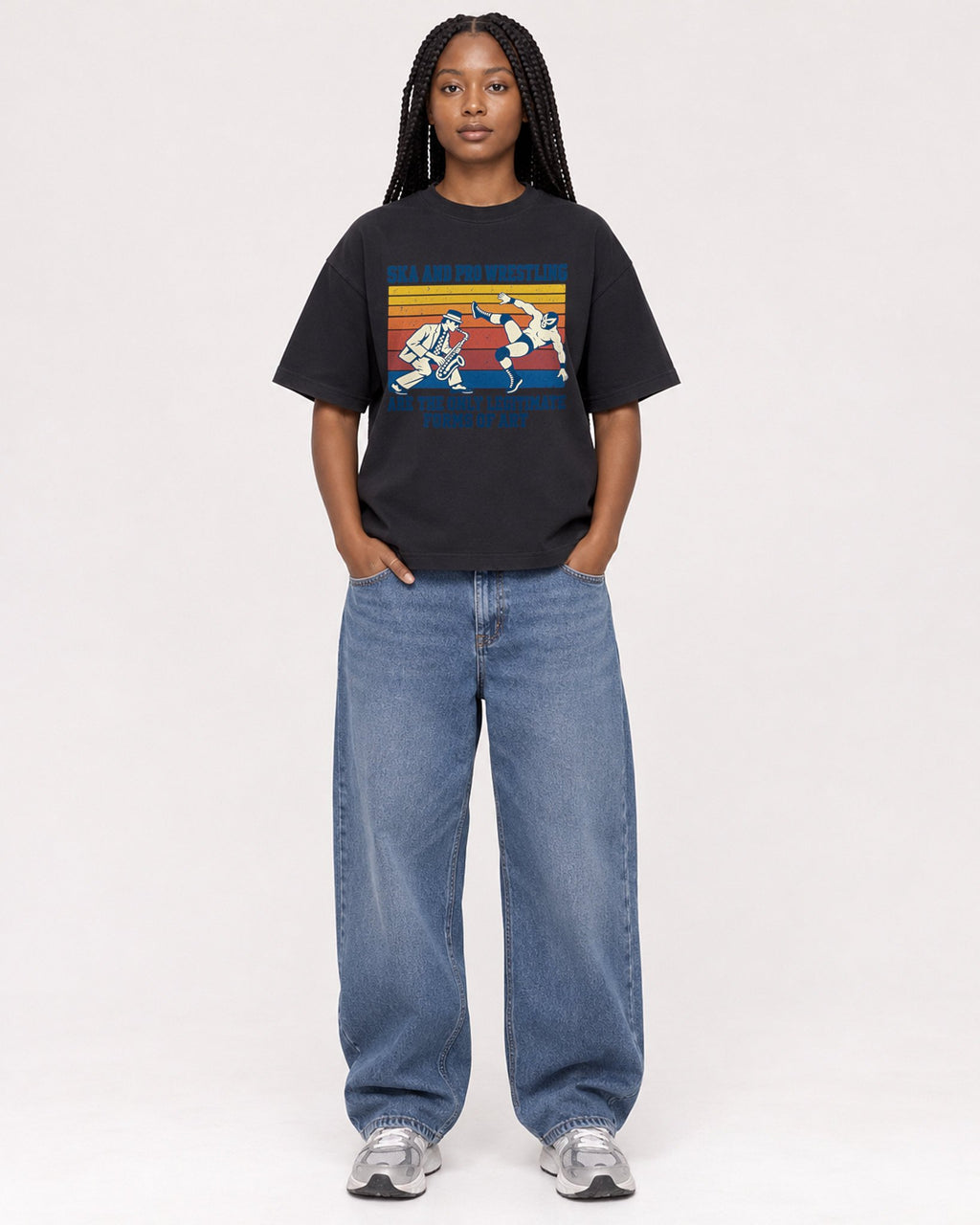 Mockup Boxy Heavyweight Tee Black female full-body 04