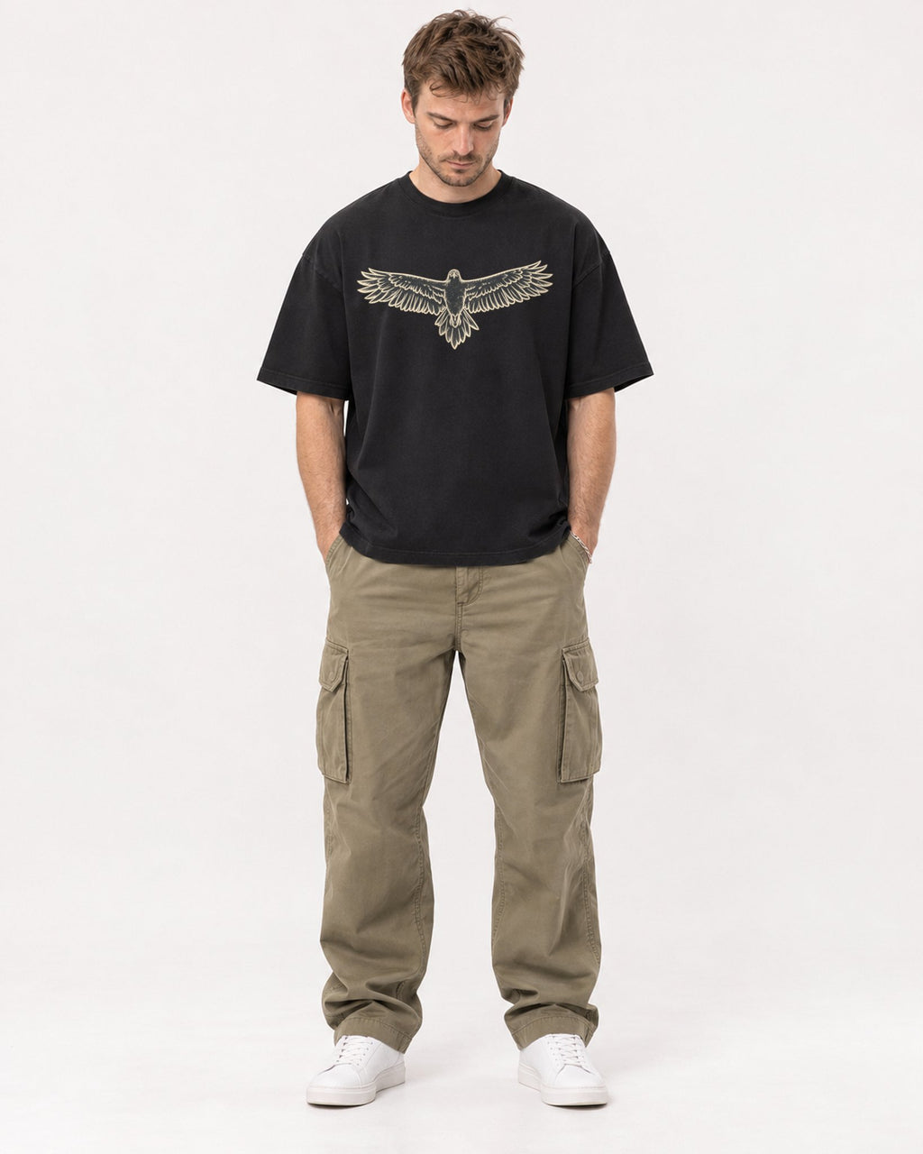 Mockup Boxy Heavyweight Tee Black male full-body 08