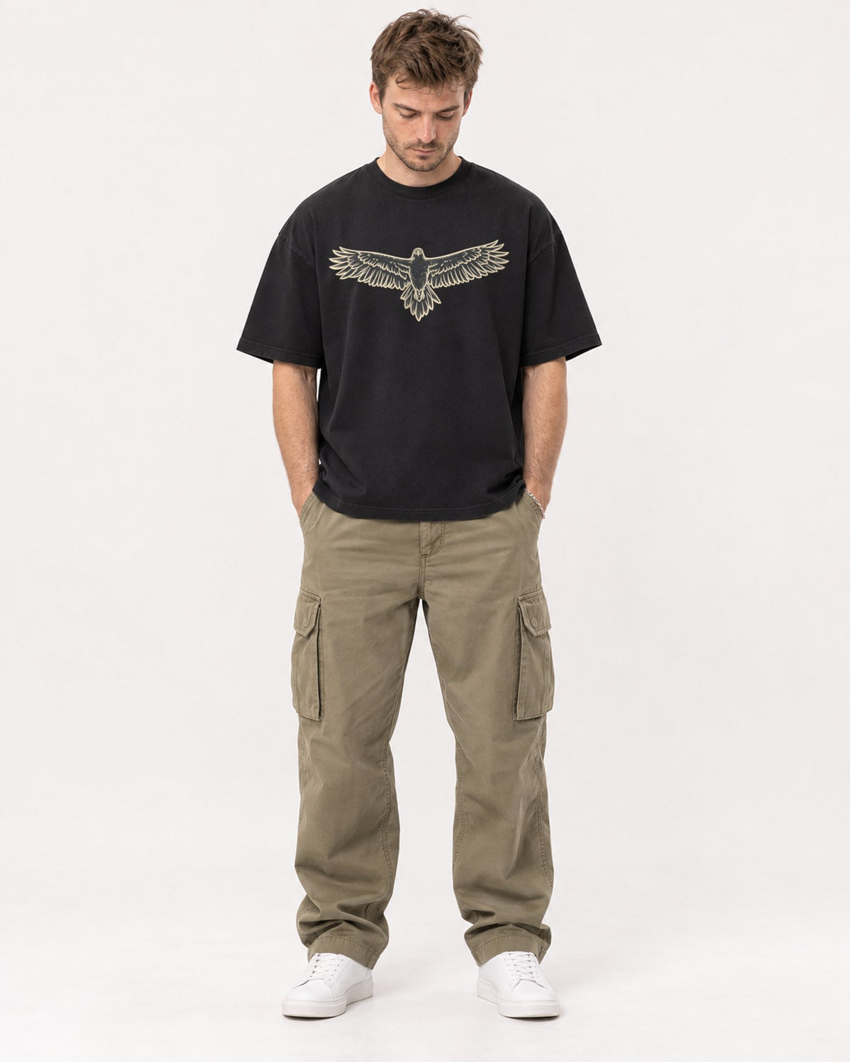Mockup Boxy Heavyweight Tee Black male full-body 08