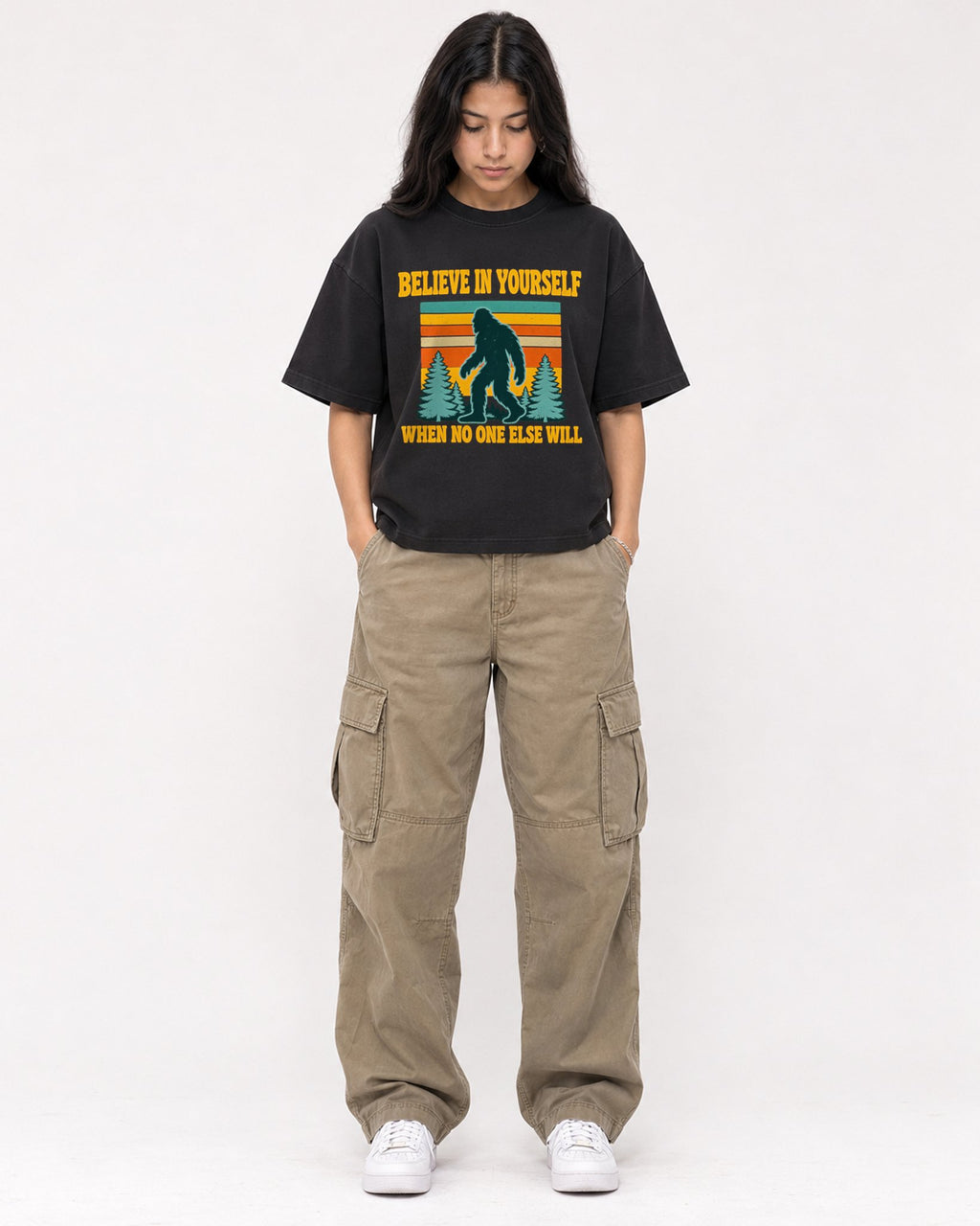 Mockup Boxy Heavyweight Tee Black female full-body 46
