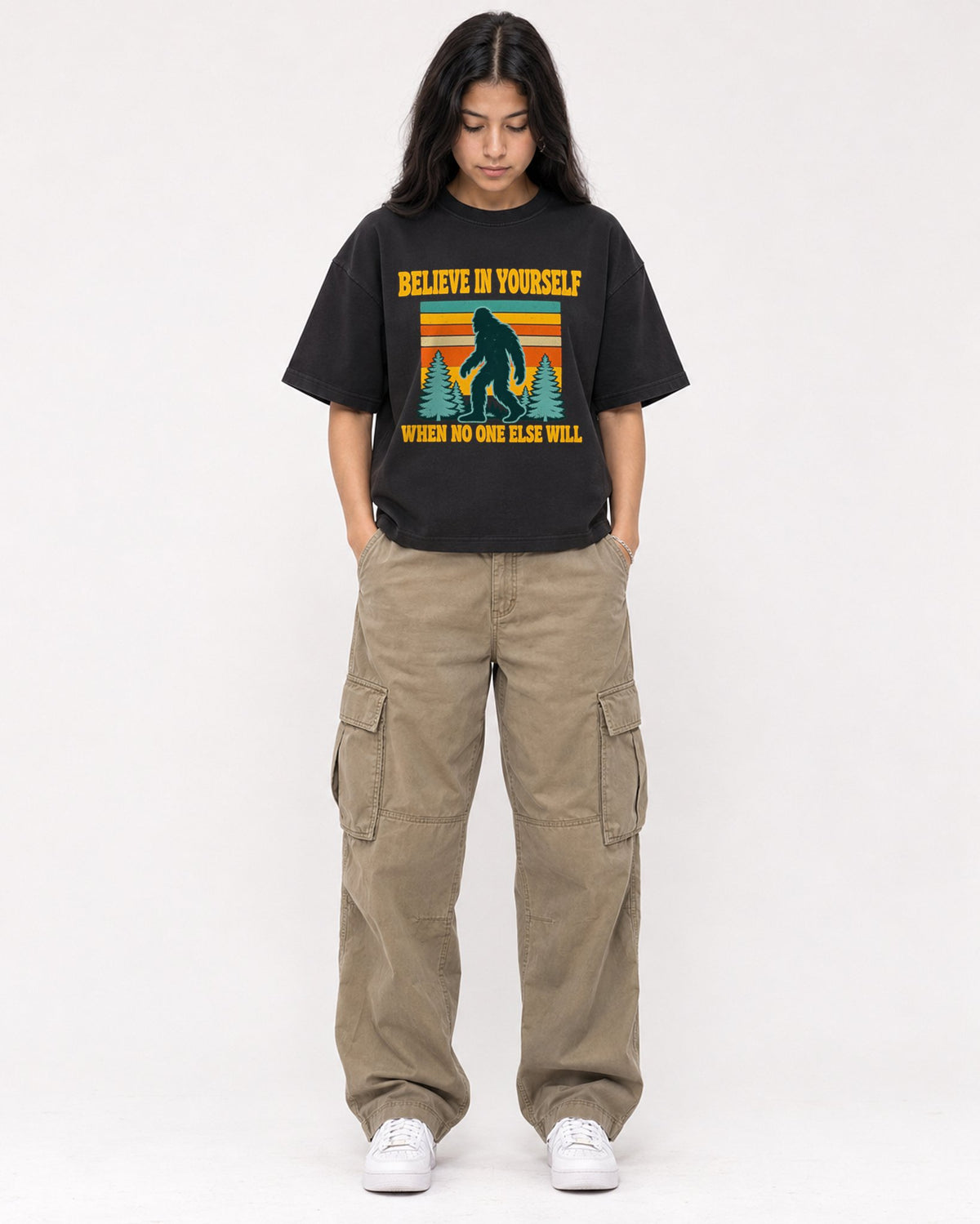 Mockup Boxy Heavyweight Tee Black female full-body 46