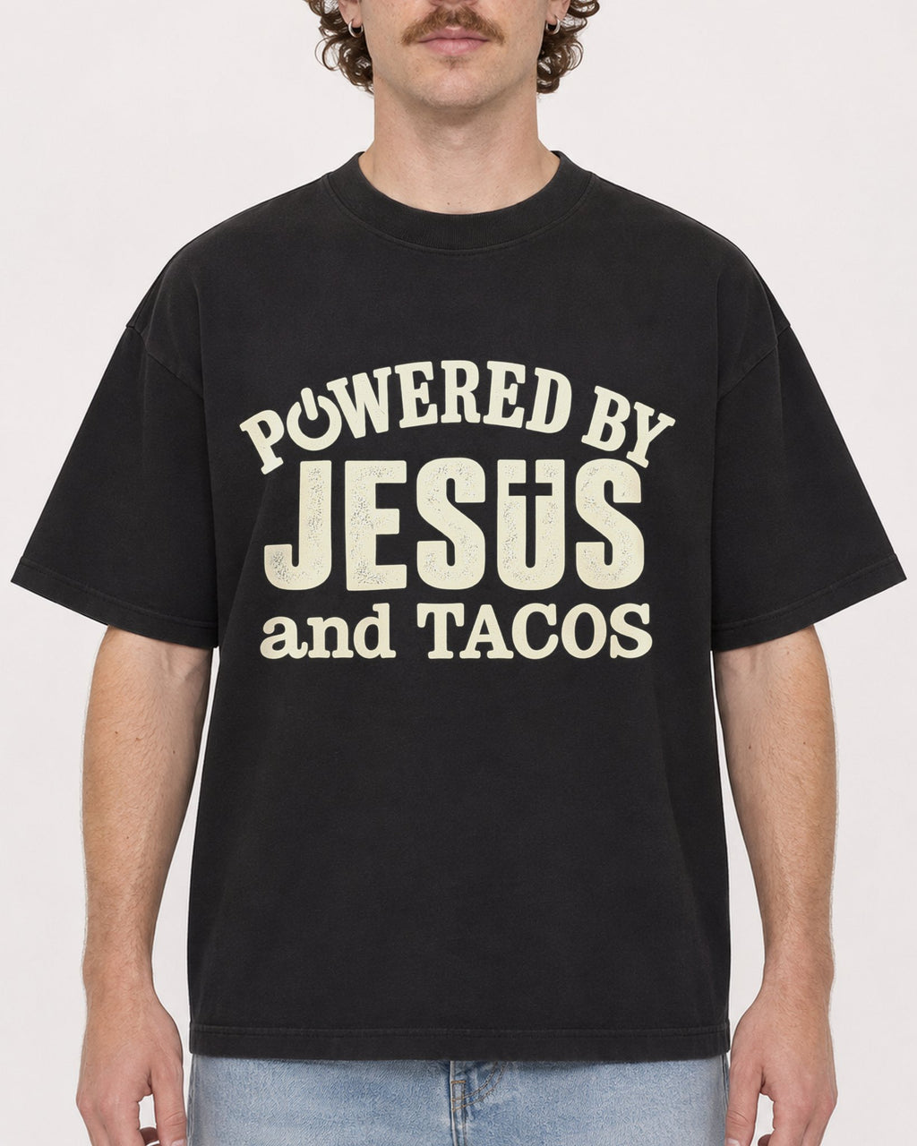 Mockup Boxy Heavyweight Tee Black male close-up 09