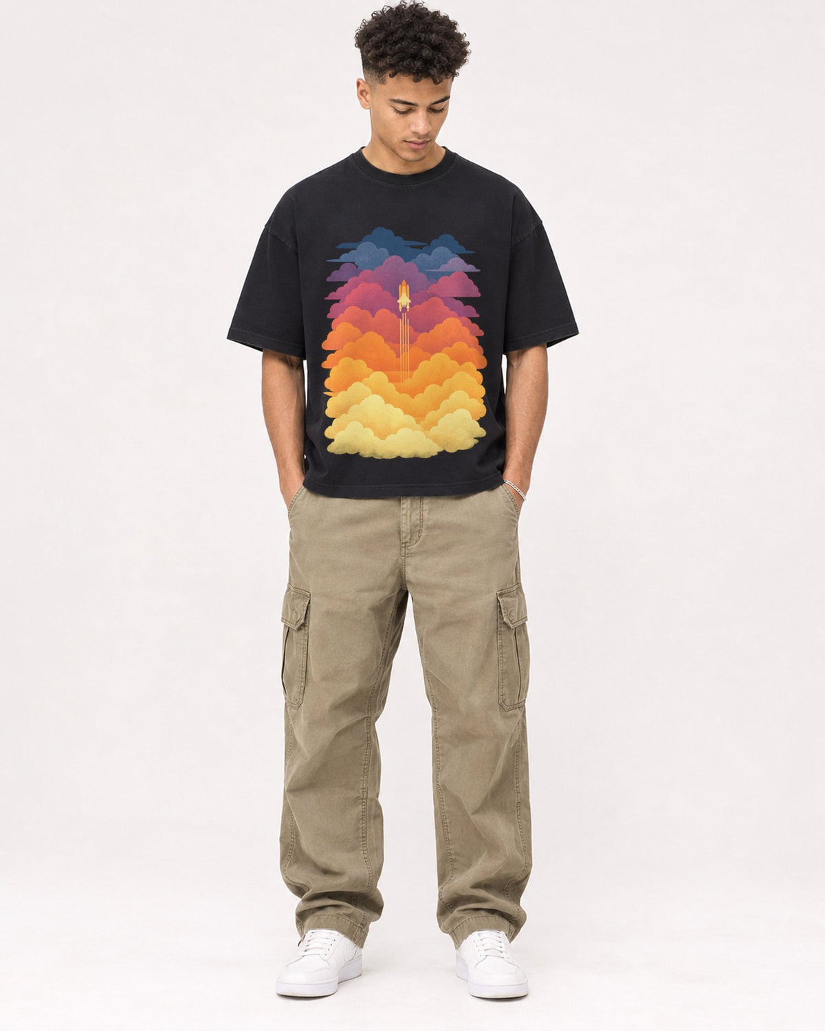 Mockup Boxy Heavyweight Tee Black male full-body 20