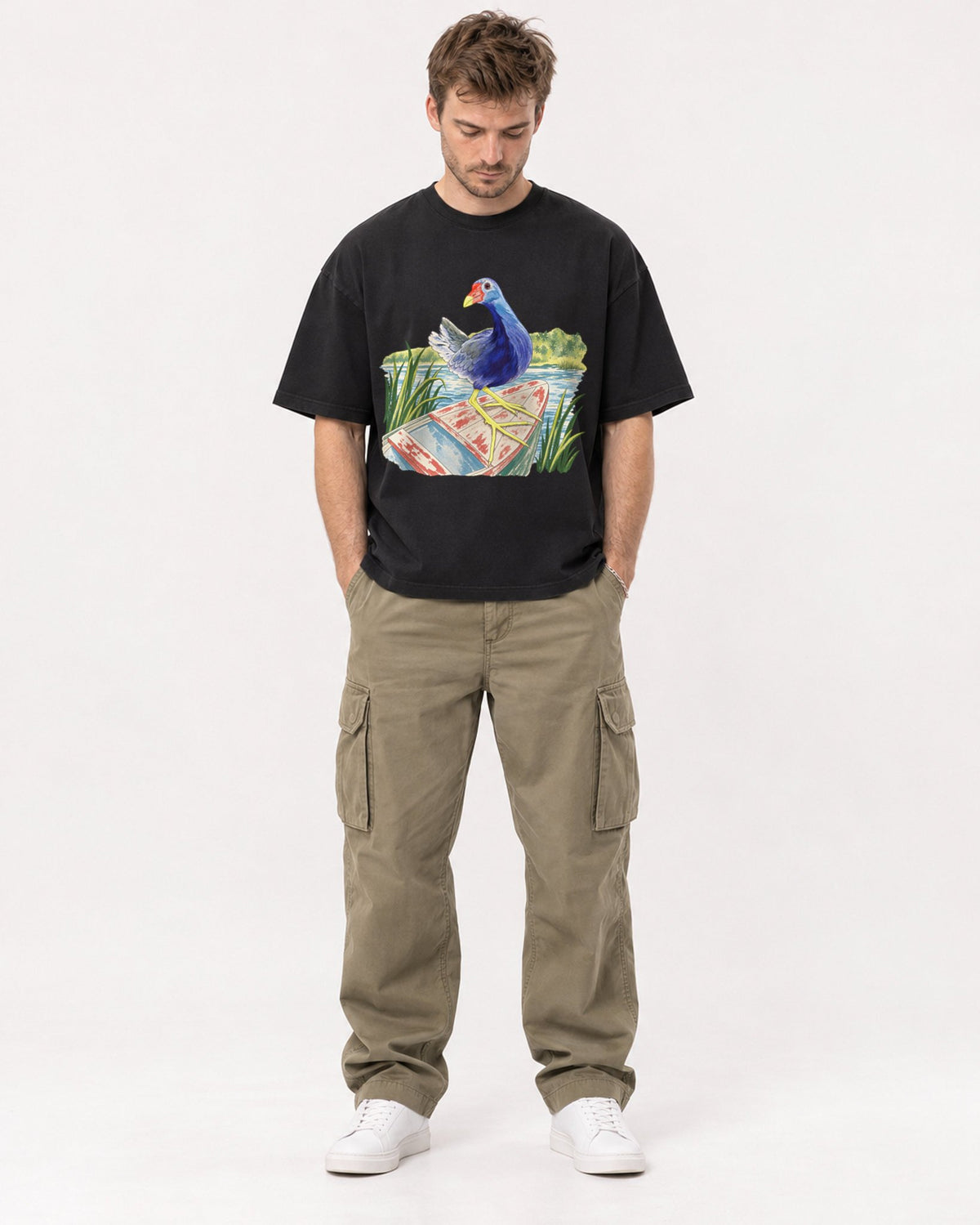 Mockup Boxy Heavyweight Tee Black male full-body 08