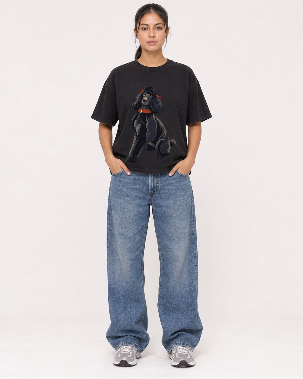 Mockup Boxy Heavyweight Tee Black female full-body 16