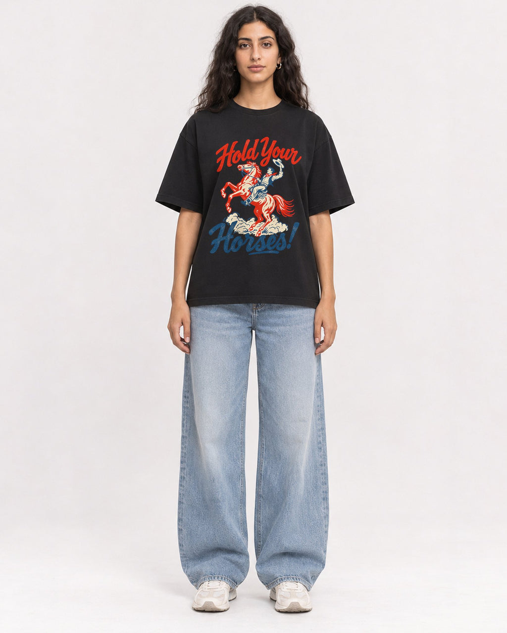 Mockup Boxy Heavyweight Tee Black female full-body 07
