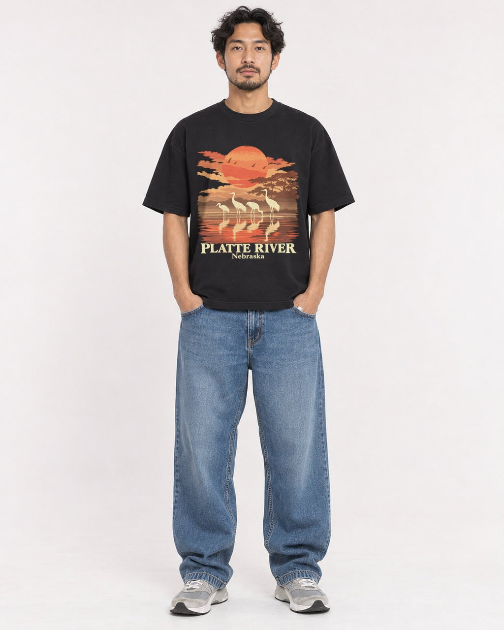 Mockup Boxy Heavyweight Tee Black male full-body 02