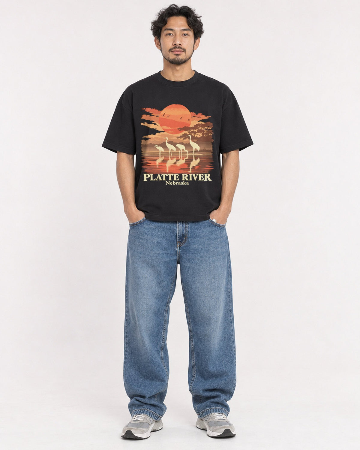 Mockup Boxy Heavyweight Tee Black male full-body 02