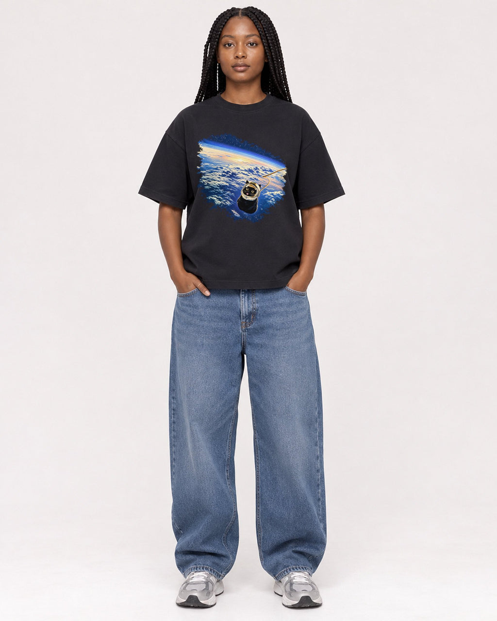 Mockup Boxy Heavyweight Tee Black female full-body 04