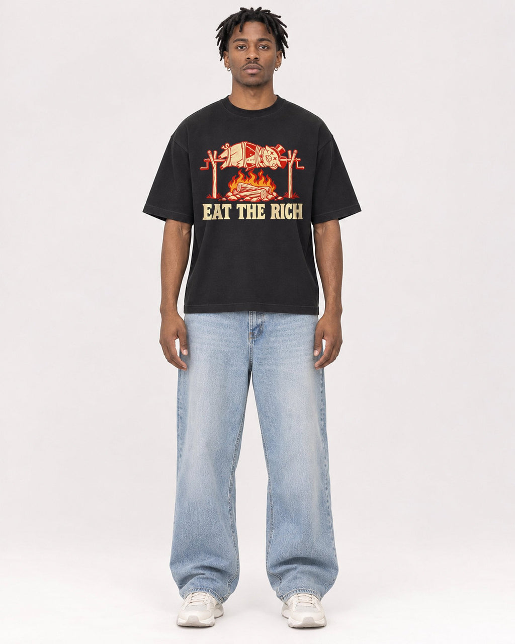 Mockup Boxy Heavyweight Tee Black male full-body 05