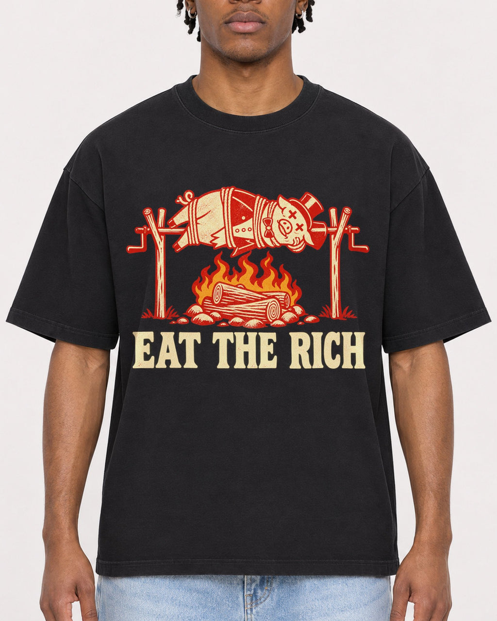 Mockup Boxy Heavyweight Tee Black male close-up 05
