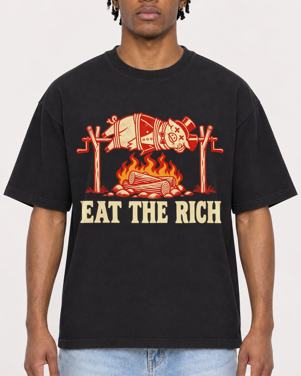 Mockup Boxy Heavyweight Tee Black male close-up 05