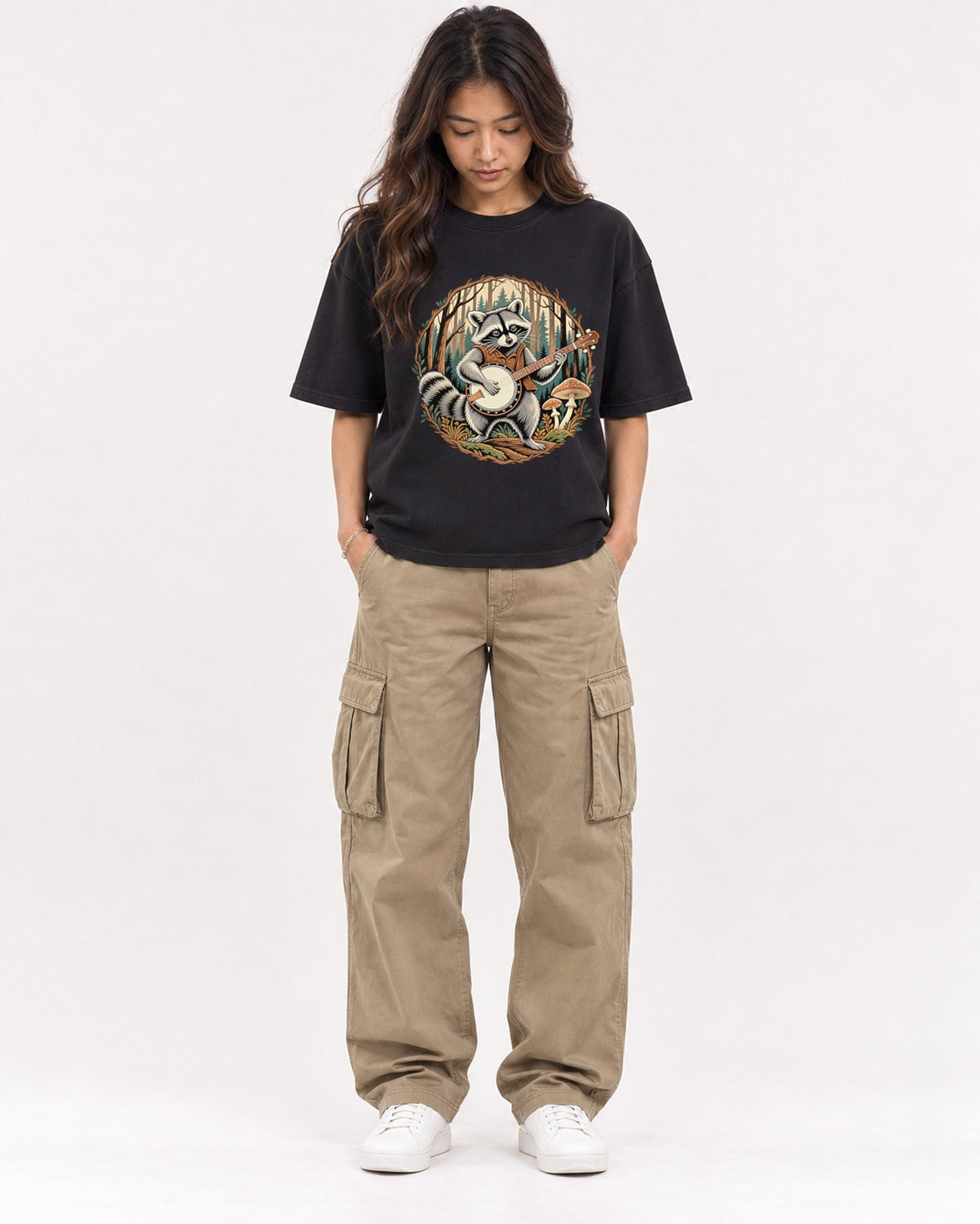 Mockup Boxy Heavyweight Tee Black female full-body 02