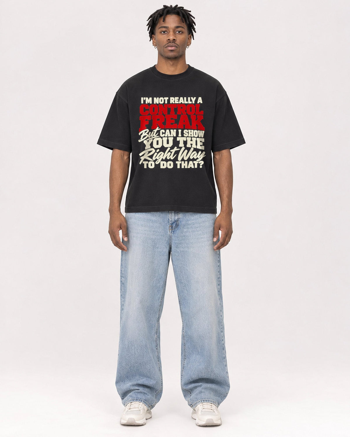 Mockup Boxy Heavyweight Tee Black male full-body 05