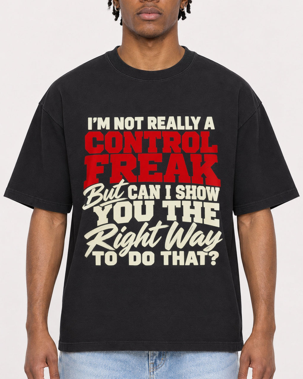 Mockup Boxy Heavyweight Tee Black male close-up 05