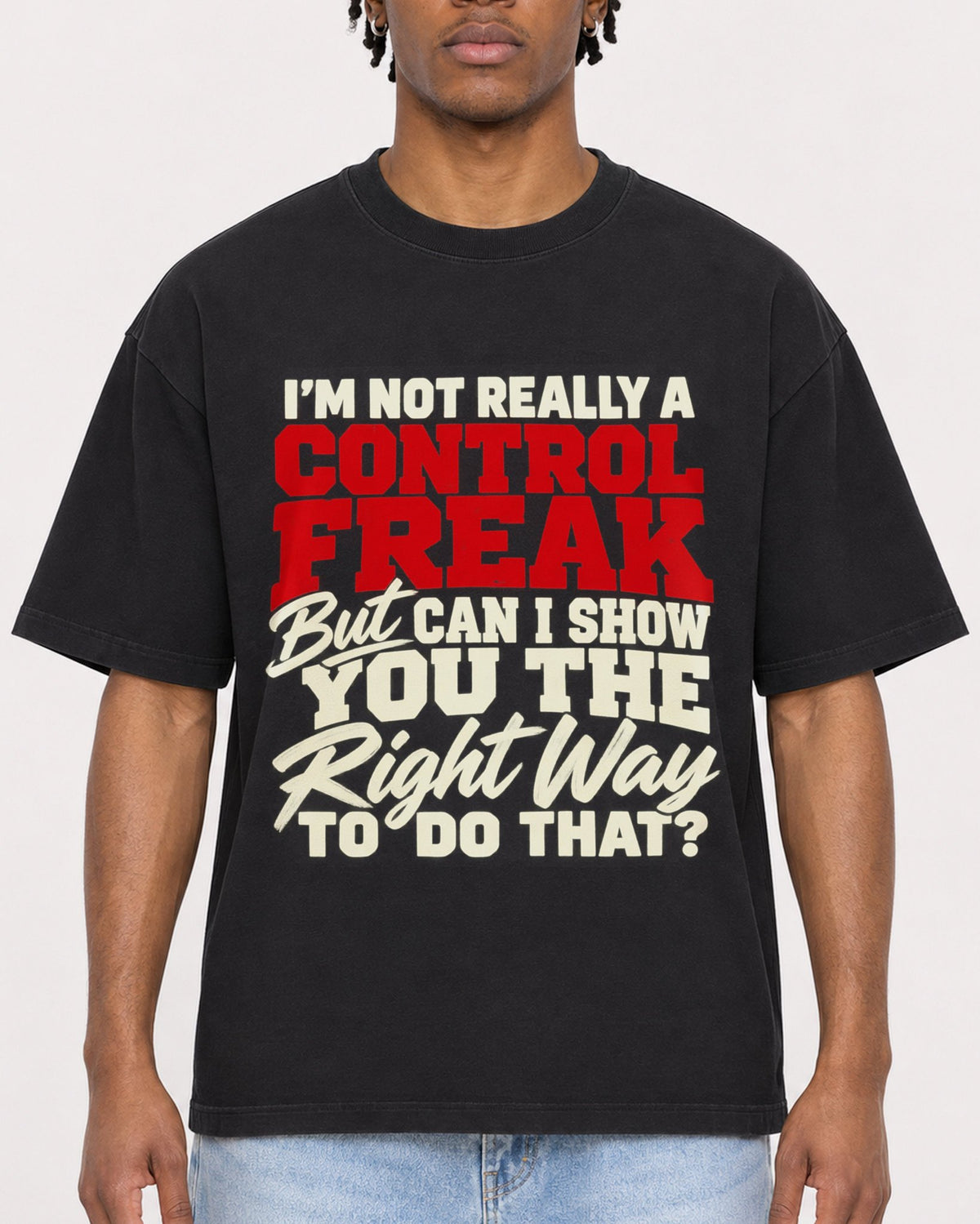 Mockup Boxy Heavyweight Tee Black male close-up 05