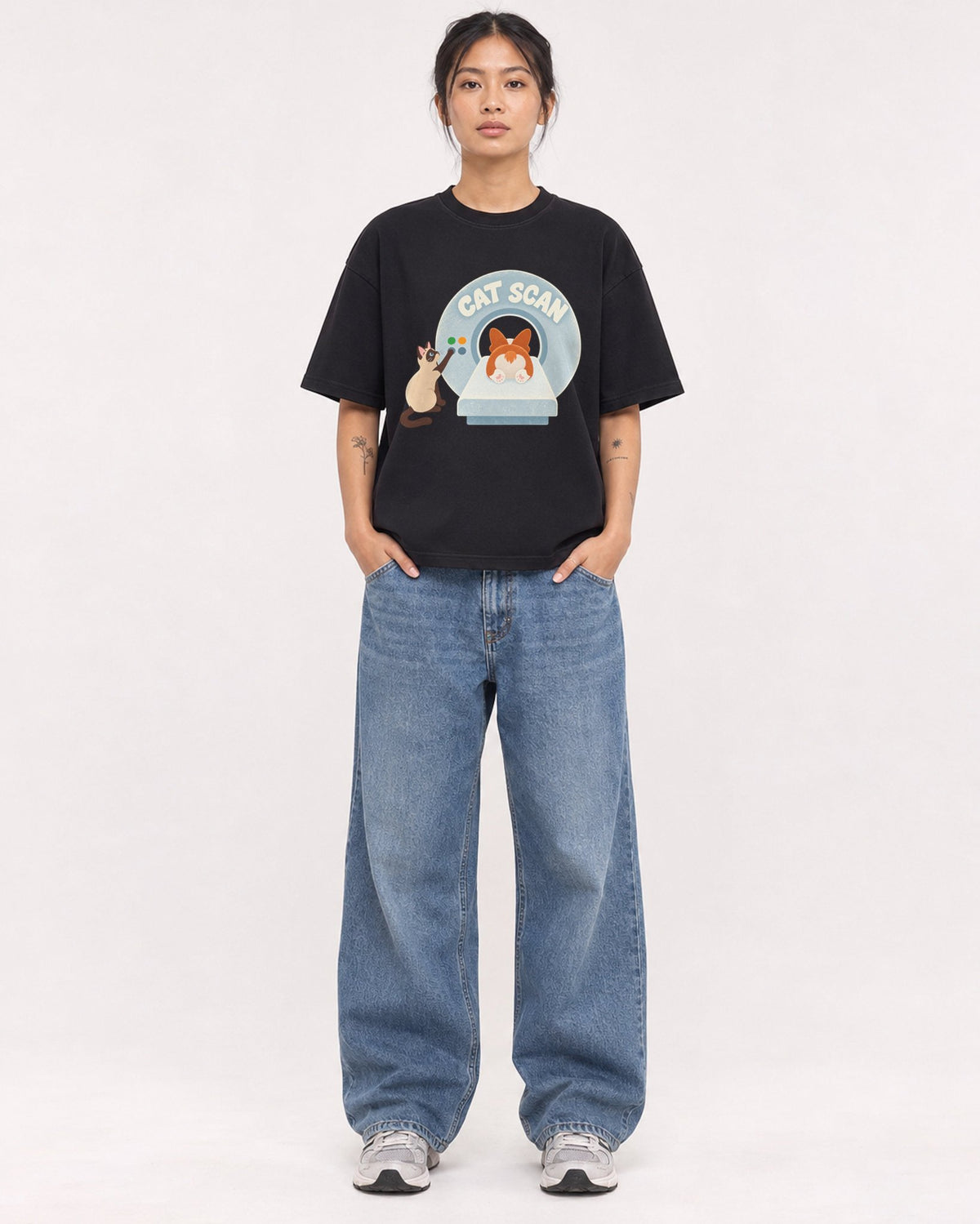 Mockup Boxy Heavyweight Tee Black female full-body 12