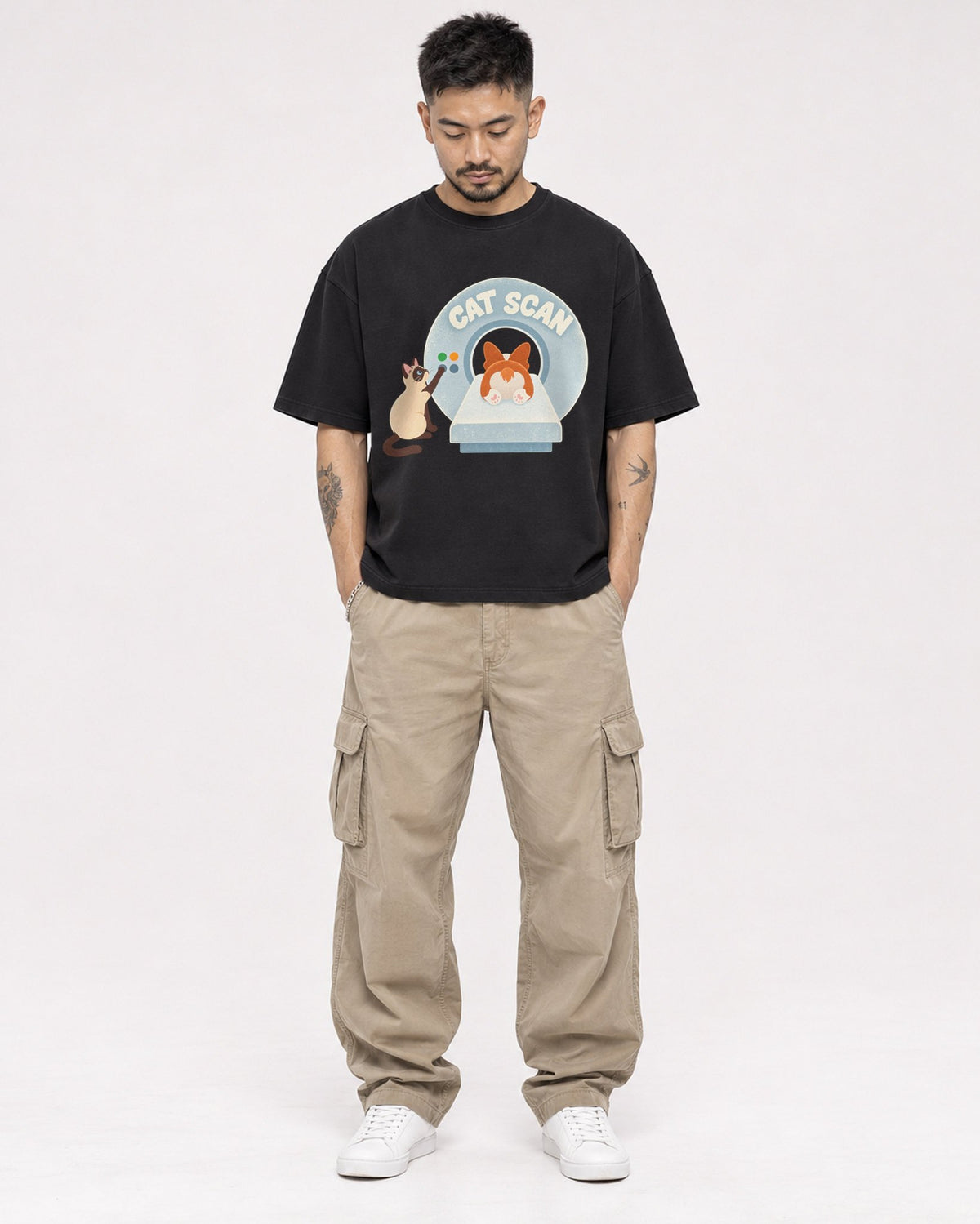 Mockup Boxy Heavyweight Tee Black male full-body 12