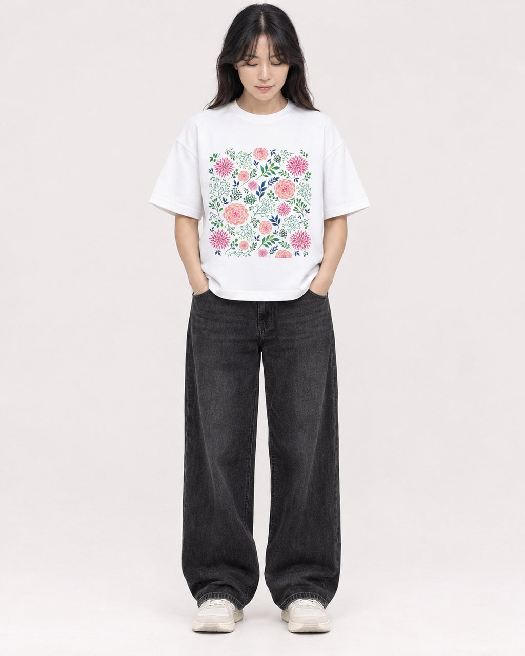 Mockup Boxy Heavyweight Tee White female full-body 13