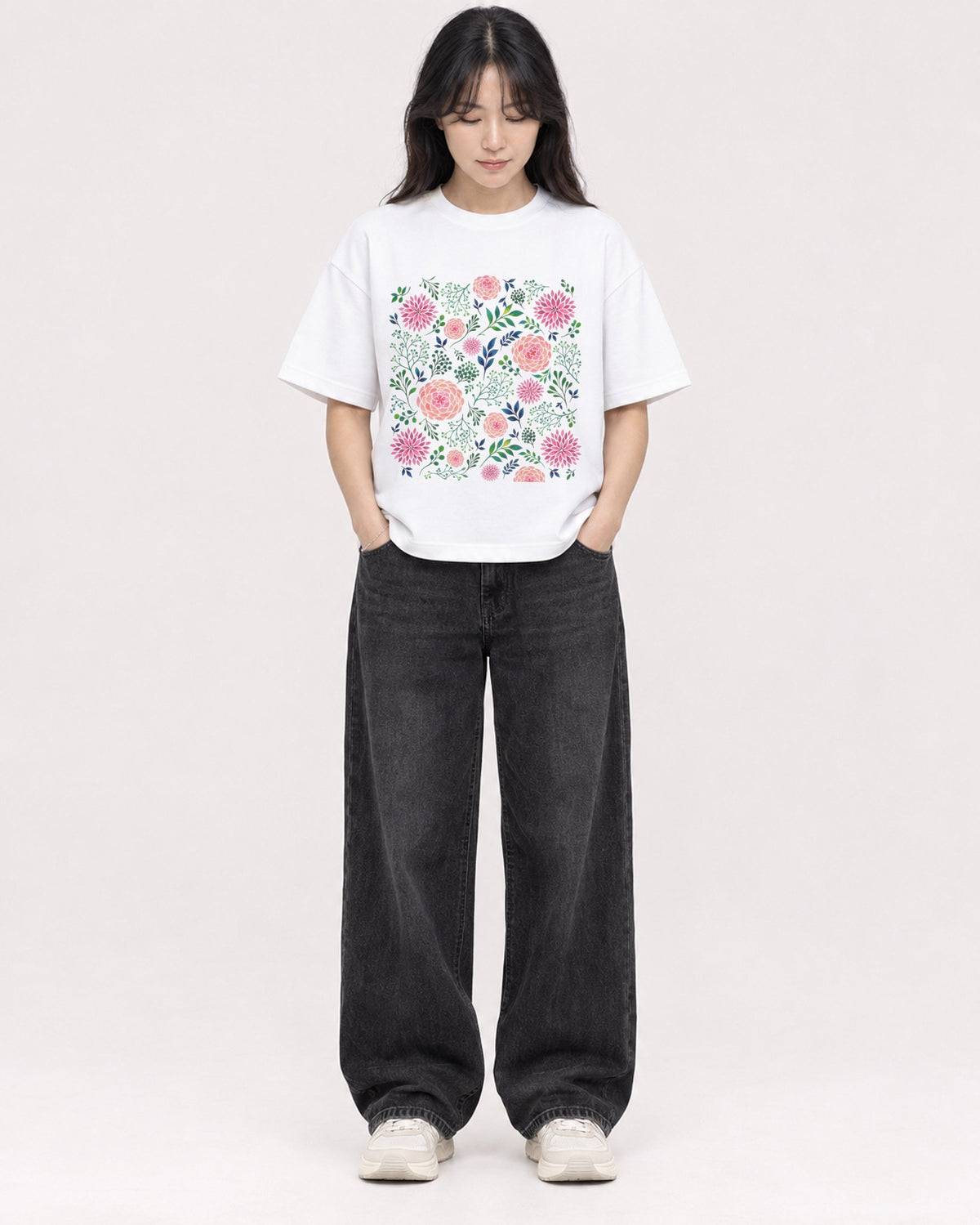 Mockup Boxy Heavyweight Tee White female full-body 13