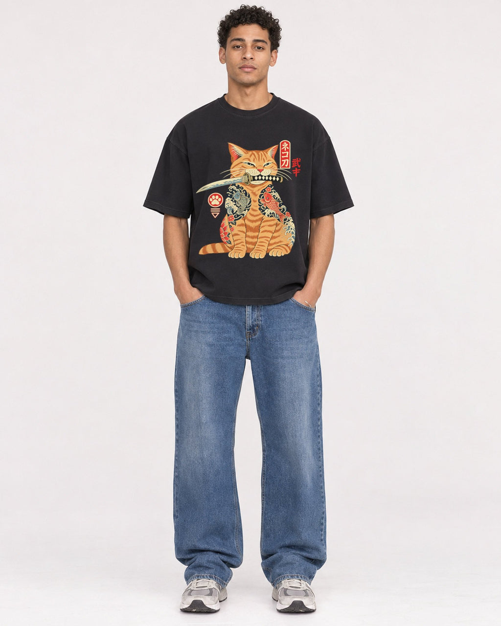 Mockup Boxy Heavyweight Tee Black male full-body 10
