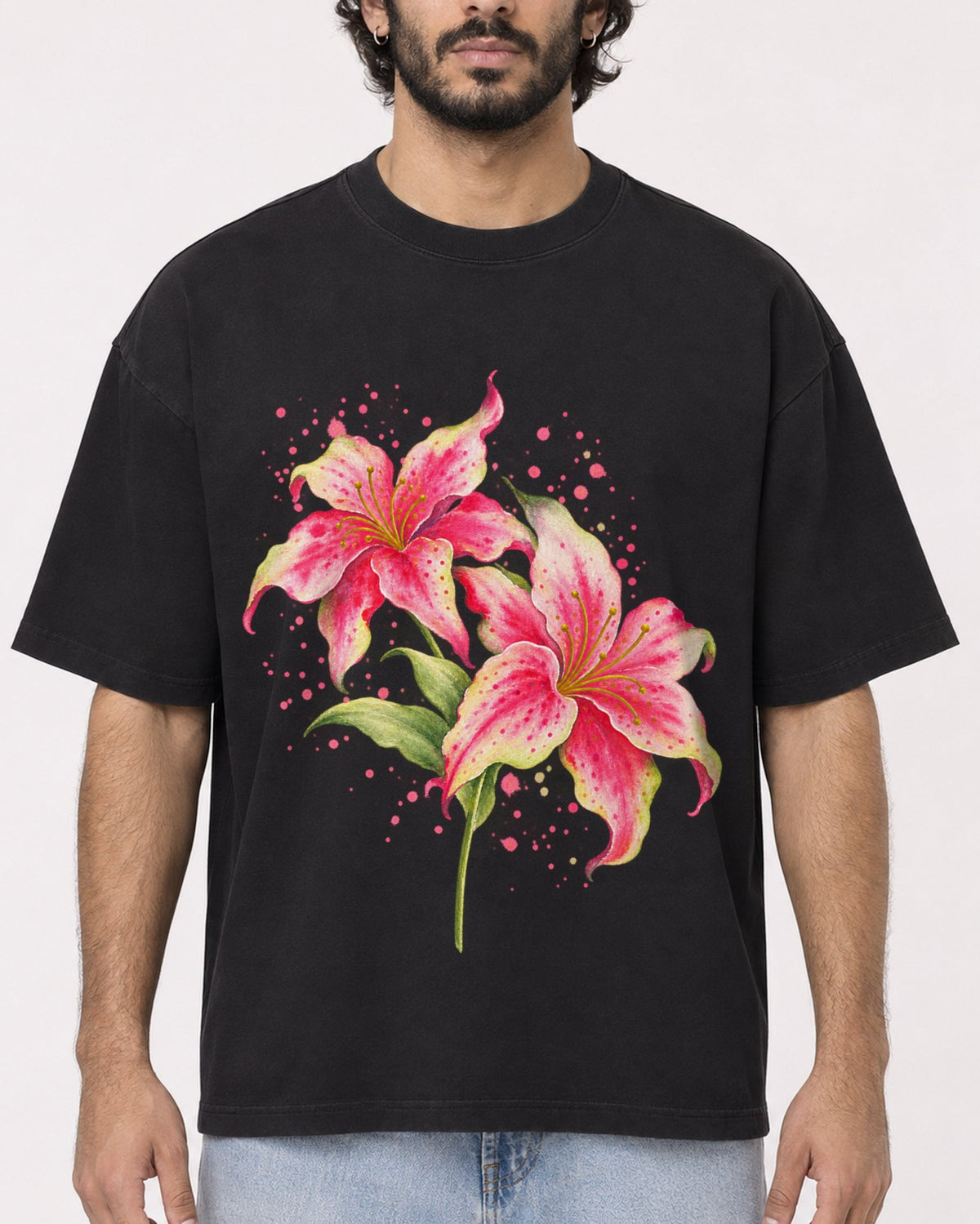 Mockup Boxy Heavyweight Tee Black male close-up 17