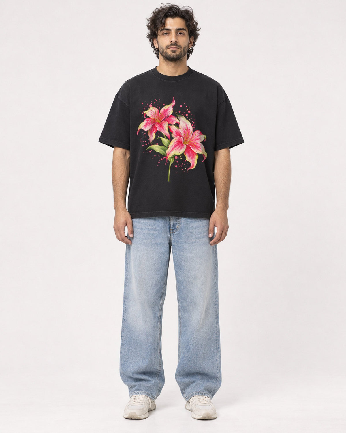 Mockup Boxy Heavyweight Tee Black male full-body 17