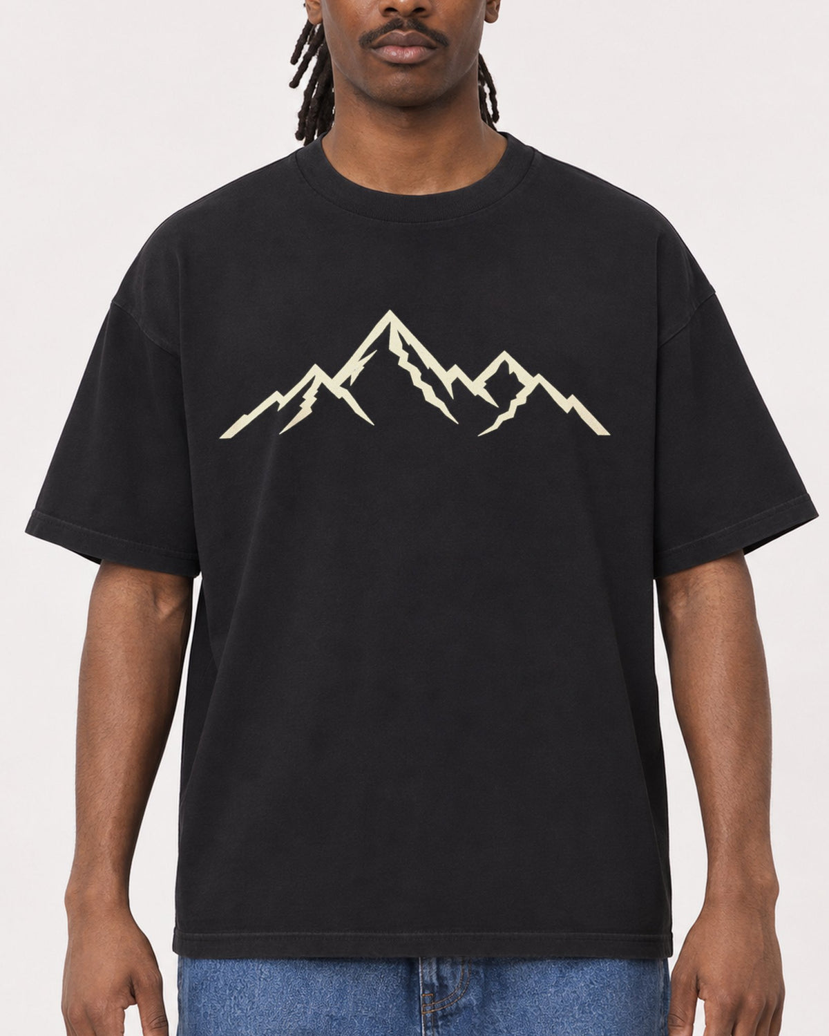 Mockup Boxy Heavyweight Tee Black male close-up 34