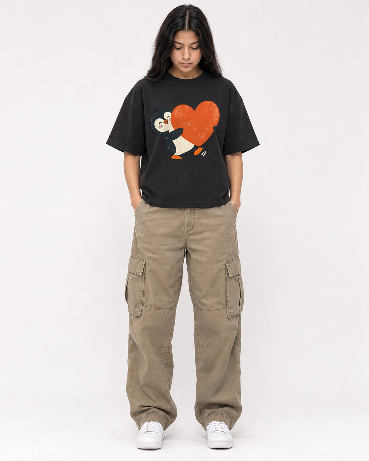 Mockup Boxy Heavyweight Tee Black female full-body 46