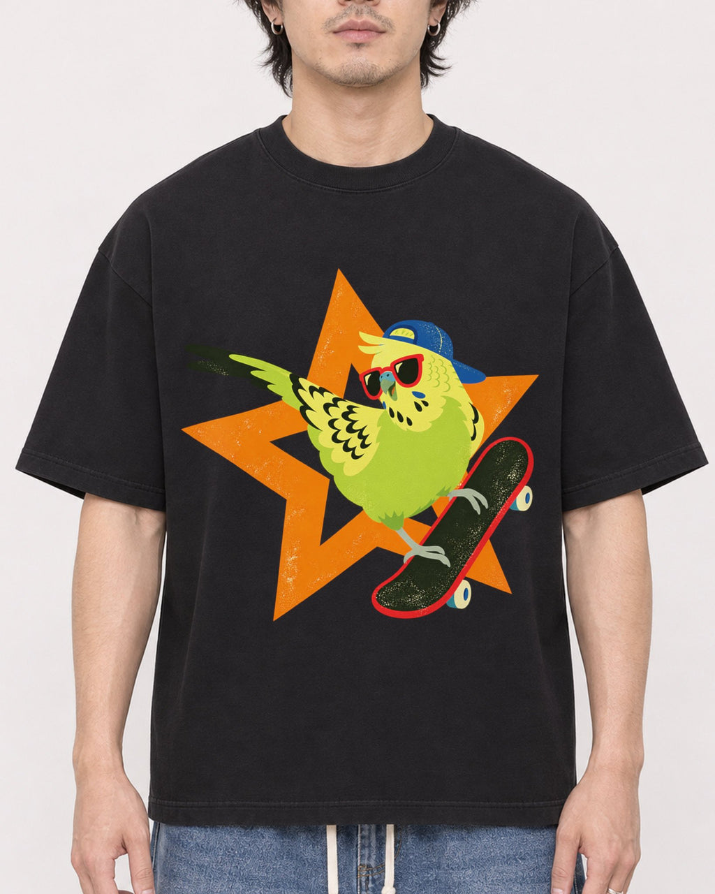 Mockup Boxy Heavyweight Tee Black male close-up 03