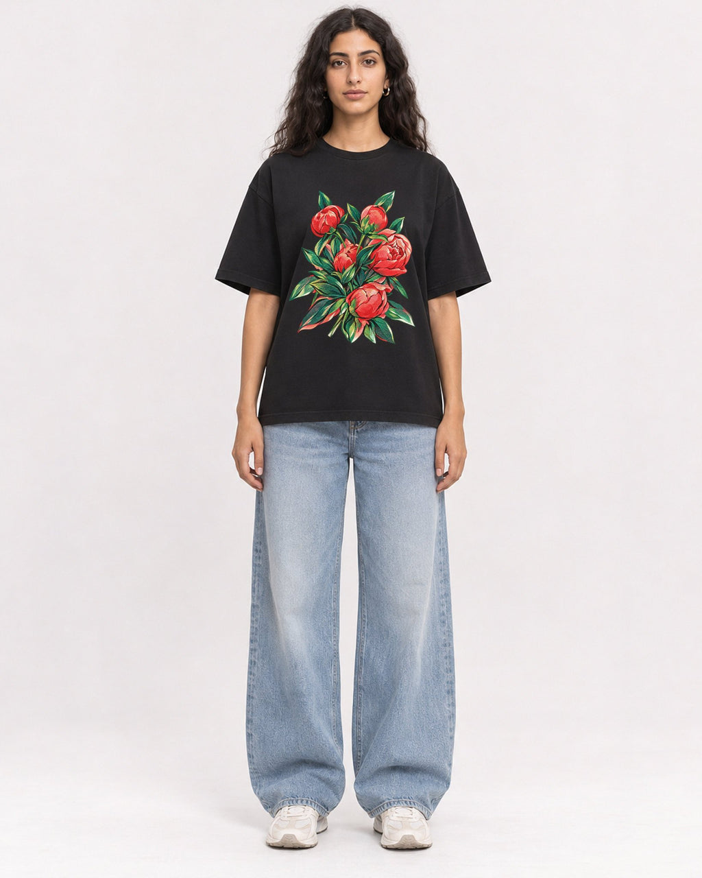 Mockup Boxy Heavyweight Tee Black female full-body 07