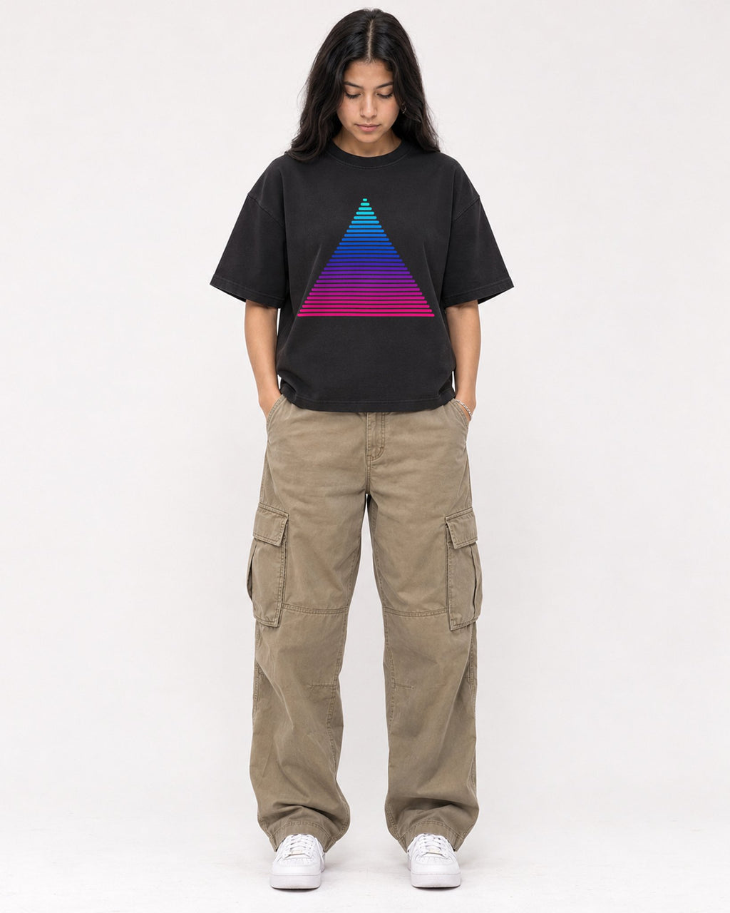 Mockup Boxy Heavyweight Tee Black female full-body 46