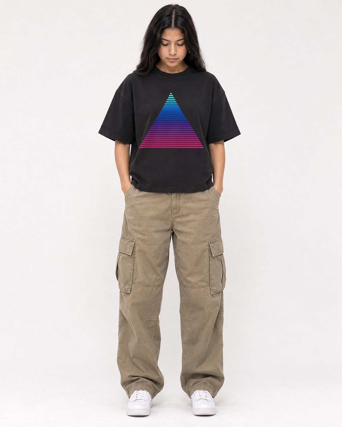 Mockup Boxy Heavyweight Tee Black female full-body 46