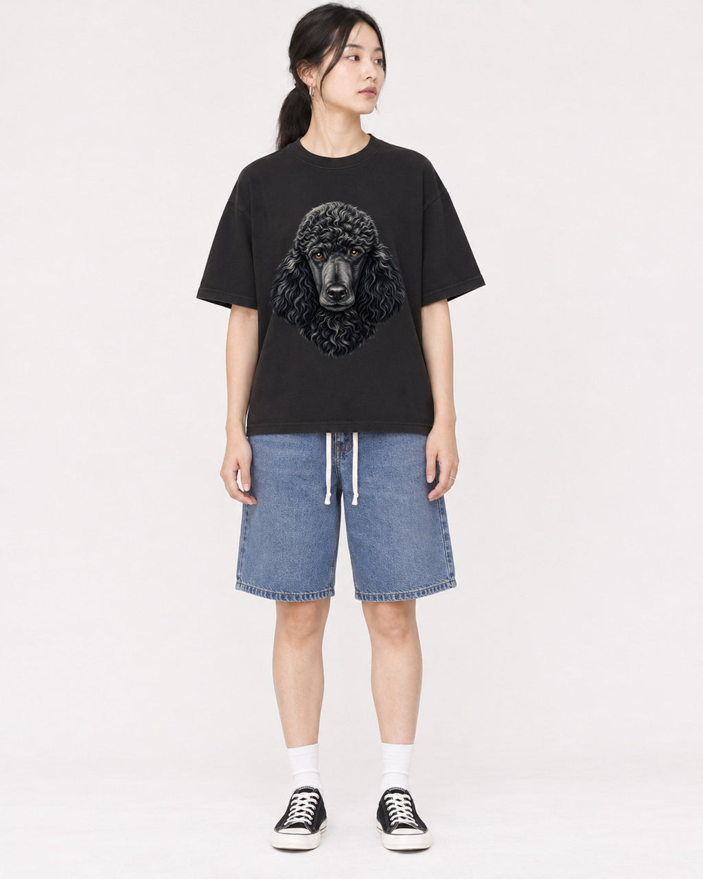 Mockup Boxy Heavyweight Tee Black female full-body 21