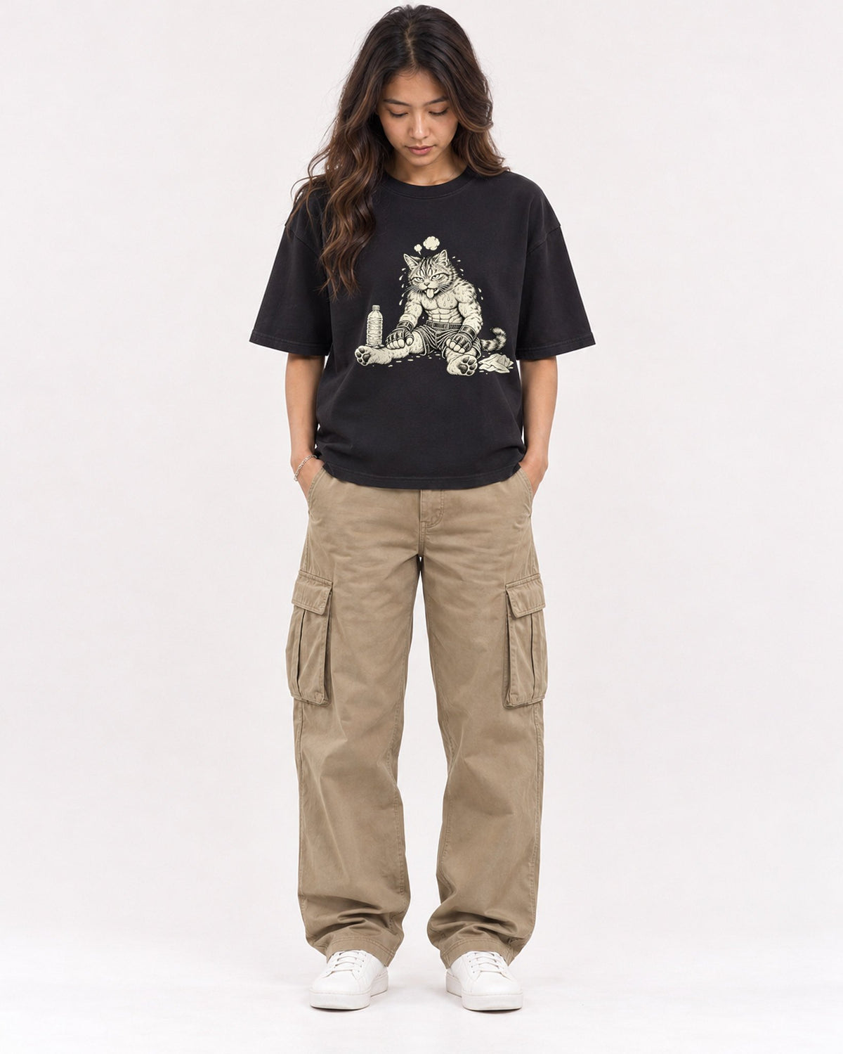 Mockup Boxy Heavyweight Tee Black female full-body 02