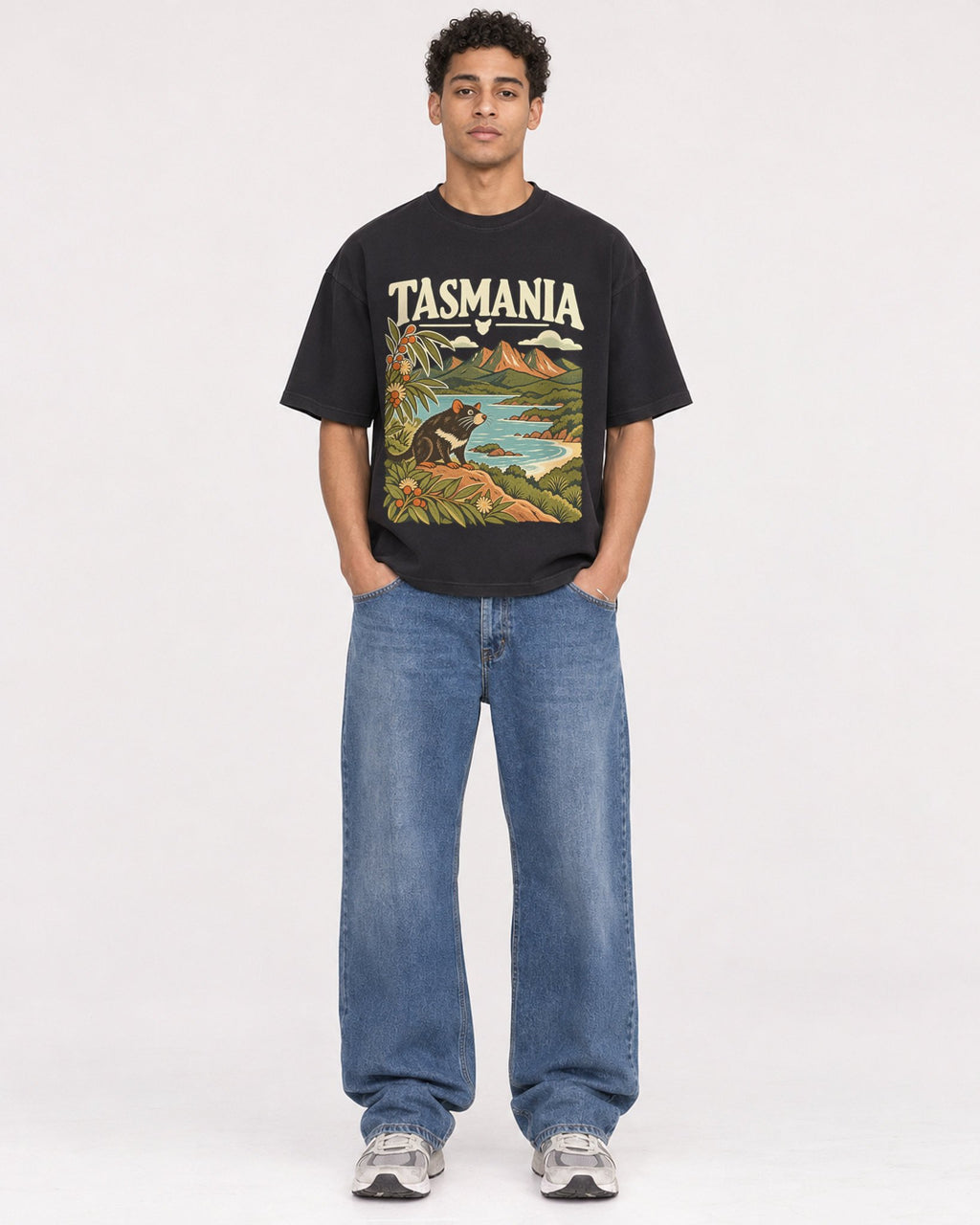 Mockup Boxy Heavyweight Tee Black male full-body 10