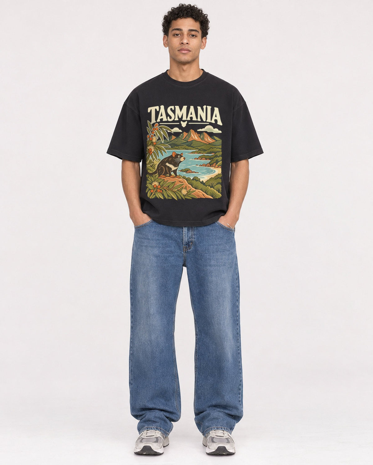 Mockup Boxy Heavyweight Tee Black male full-body 10