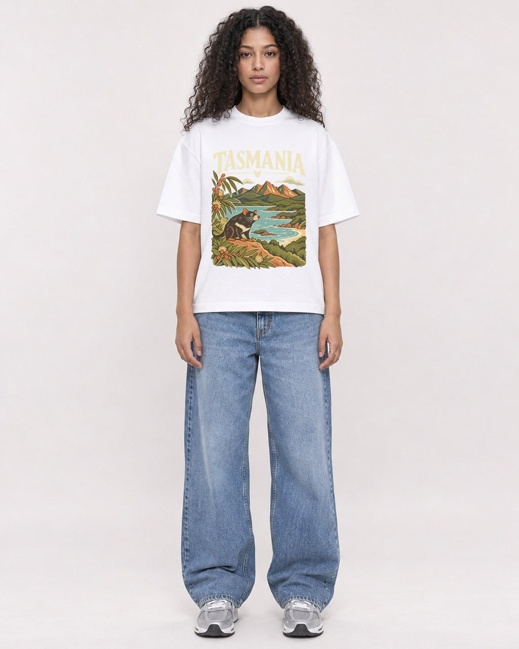 Mockup Boxy Heavyweight Tee White female full-body 10