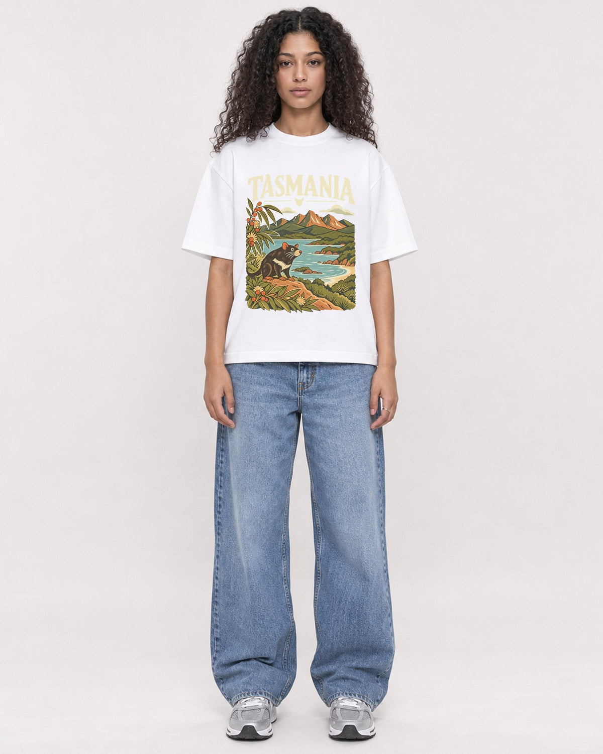 Mockup Boxy Heavyweight Tee White female full-body 10
