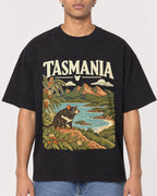 Mockup Boxy Heavyweight Tee Black male close-up 10