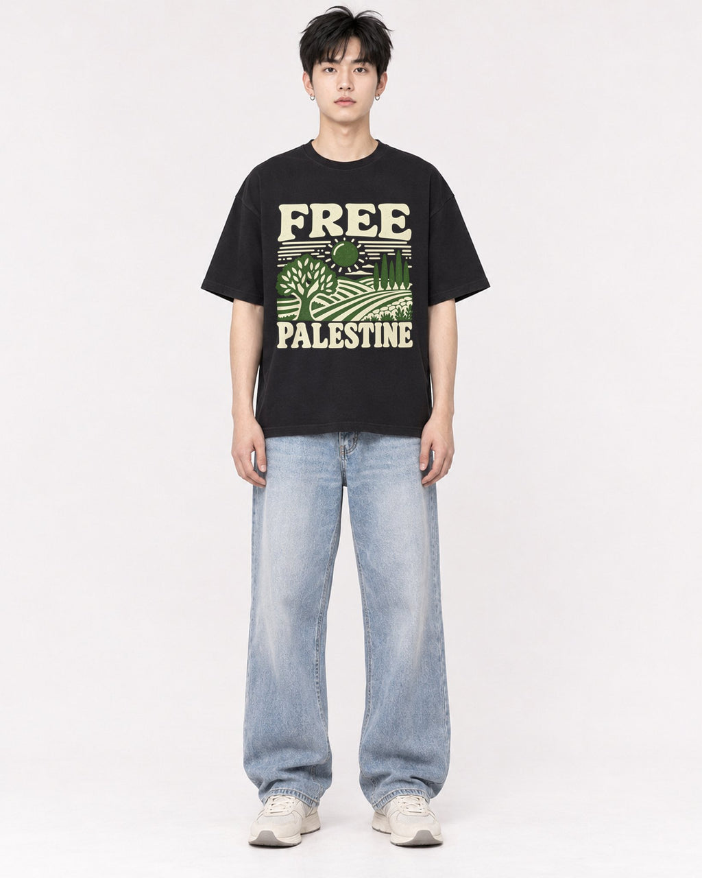 Mockup Boxy Heavyweight Tee Black male full-body 01