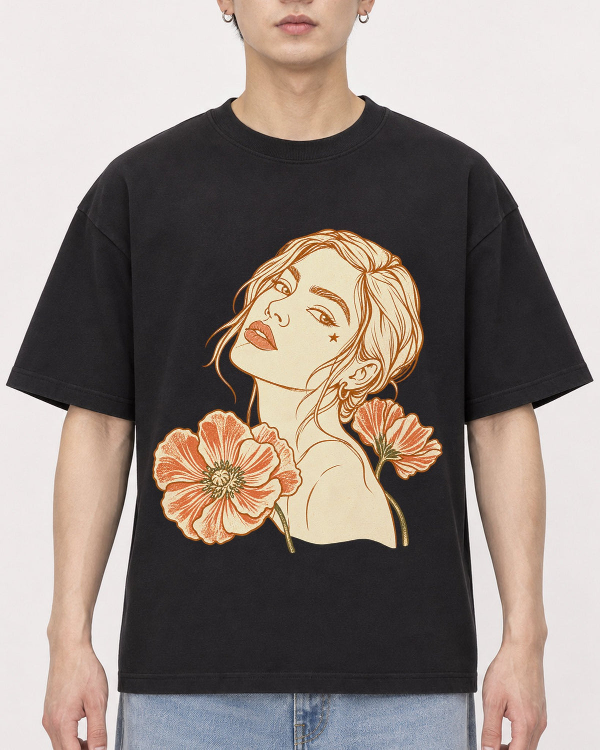 Mockup Boxy Heavyweight Tee Black male close-up 01